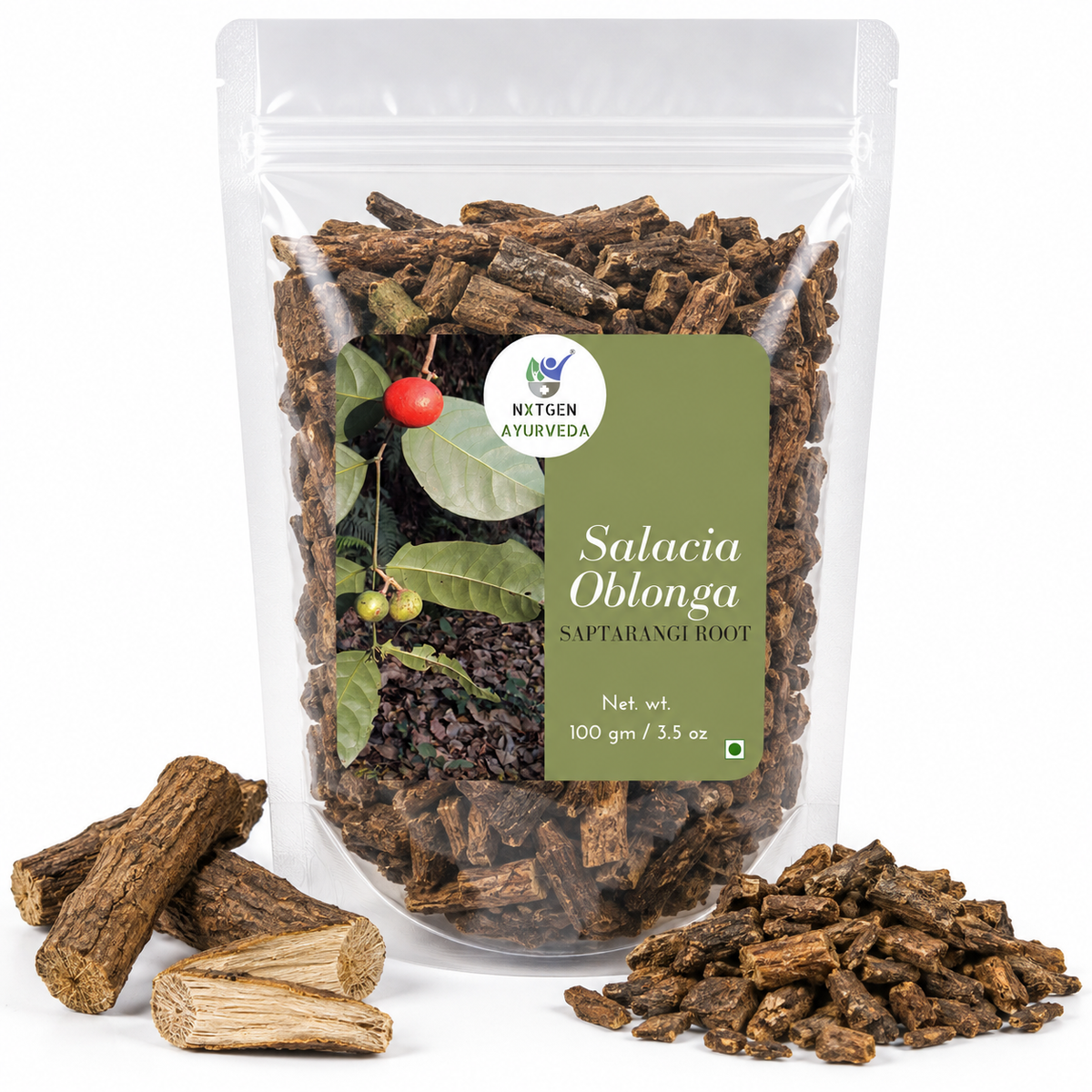 Premium Saptarangi (Salacia oblonga) Roots in a transparent stand-up pouch with dried herbal roots for traditional Ayurvedic wellness.