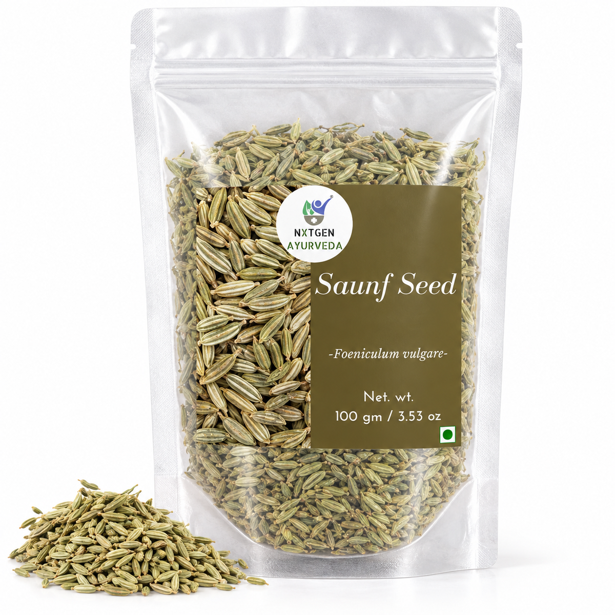 Premium Saunf Seeds (Fennel Seeds) in a transparent stand-up pouch with whole aromatic seeds for cooking, seasoning, and traditional culinary use.