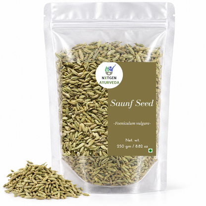 Premium Saunf Seeds (Fennel Seeds) in a transparent stand-up pouch with whole aromatic seeds for cooking, seasoning, and traditional culinary use.
