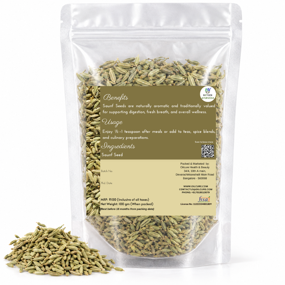 Premium Saunf Seeds (Fennel Seeds) in a transparent stand-up pouch with whole aromatic seeds for cooking, seasoning, and traditional culinary use.