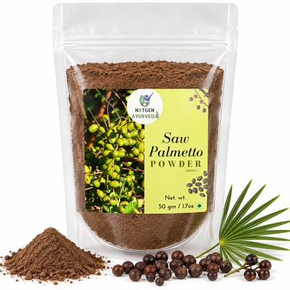 Premium Saw Palmetto Powder in a transparent stand-up pouch with finely ground saw palmetto fruit powder for traditional herbal wellness.
