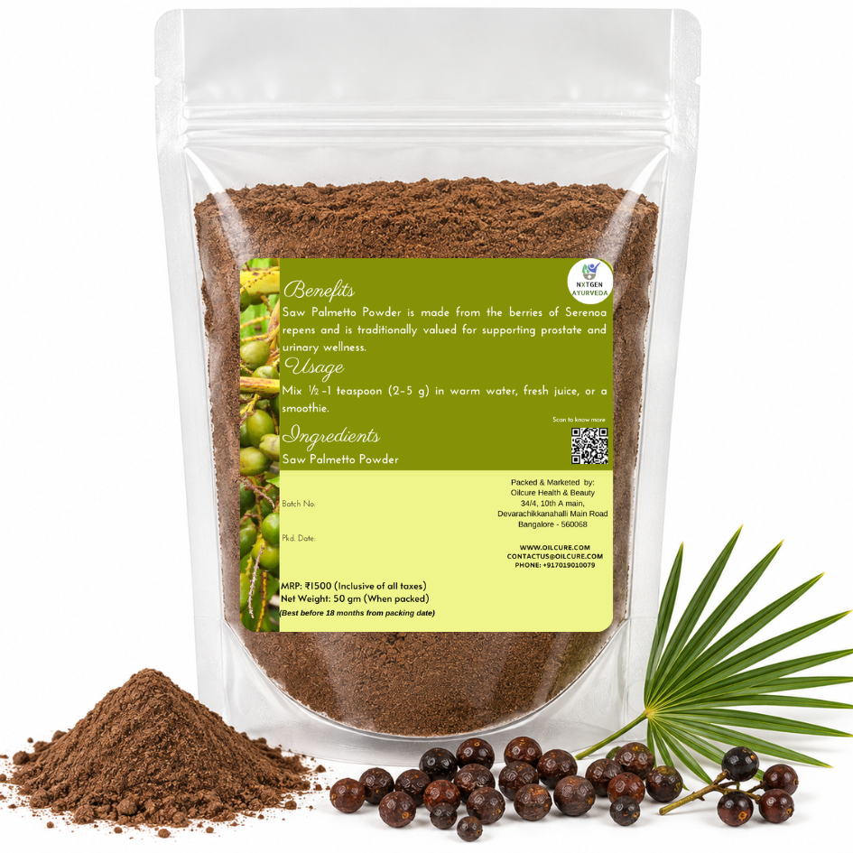 Premium Saw Palmetto Powder in a transparent stand-up pouch with finely ground saw palmetto fruit powder for traditional herbal wellness.