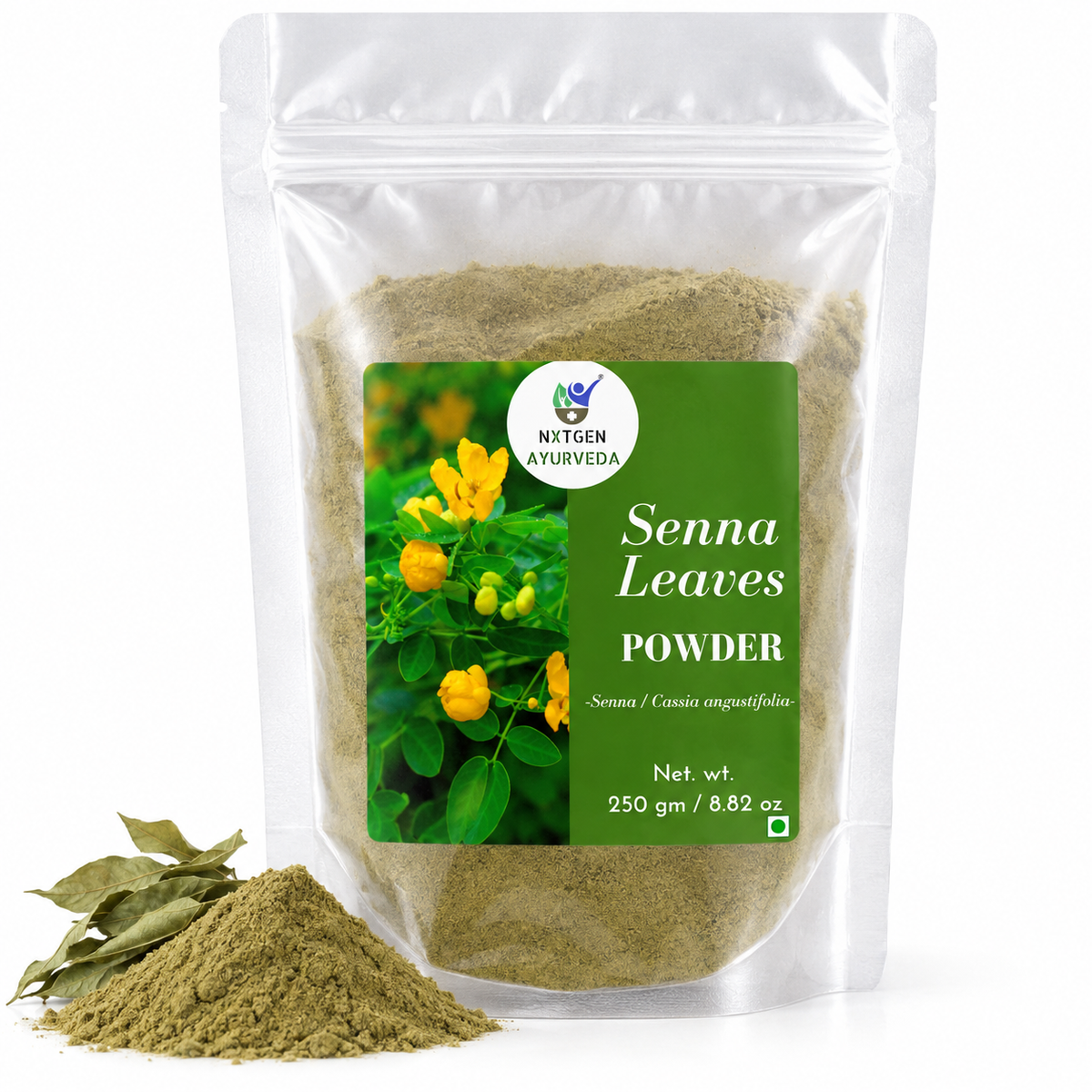 Premium Senna Powder in a transparent stand-up pouch with finely ground dried senna leaves for traditional herbal use.