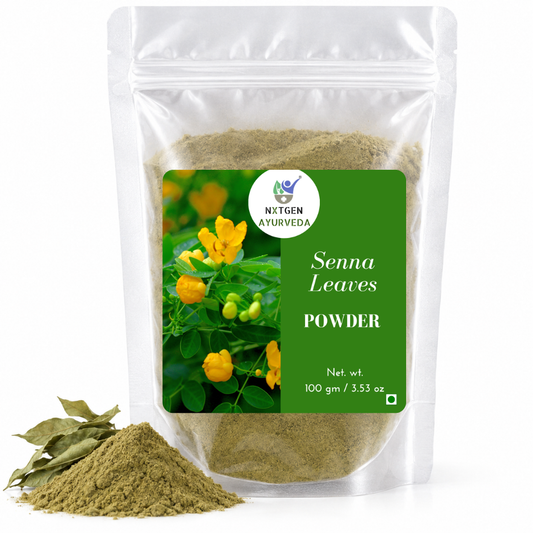 Premium Senna Powder in a transparent stand-up pouch with finely ground dried senna leaves for traditional herbal use.