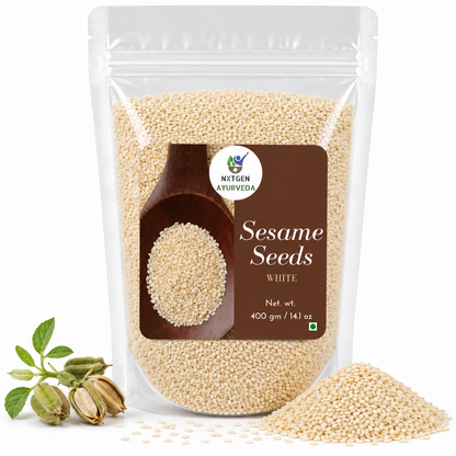 Premium White Sesame Seeds in a transparent stand-up pouch with natural whole sesame seeds for cooking, baking, garnishing, and healthy meals.