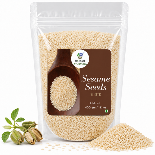 Premium White Sesame Seeds in a transparent stand-up pouch with natural whole sesame seeds for cooking, baking, garnishing, and healthy meals.