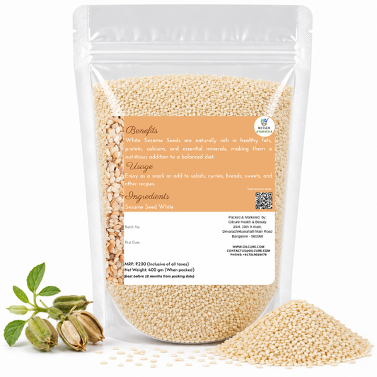 Premium White Sesame Seeds in a transparent stand-up pouch with natural whole sesame seeds for cooking, baking, garnishing, and healthy meals.