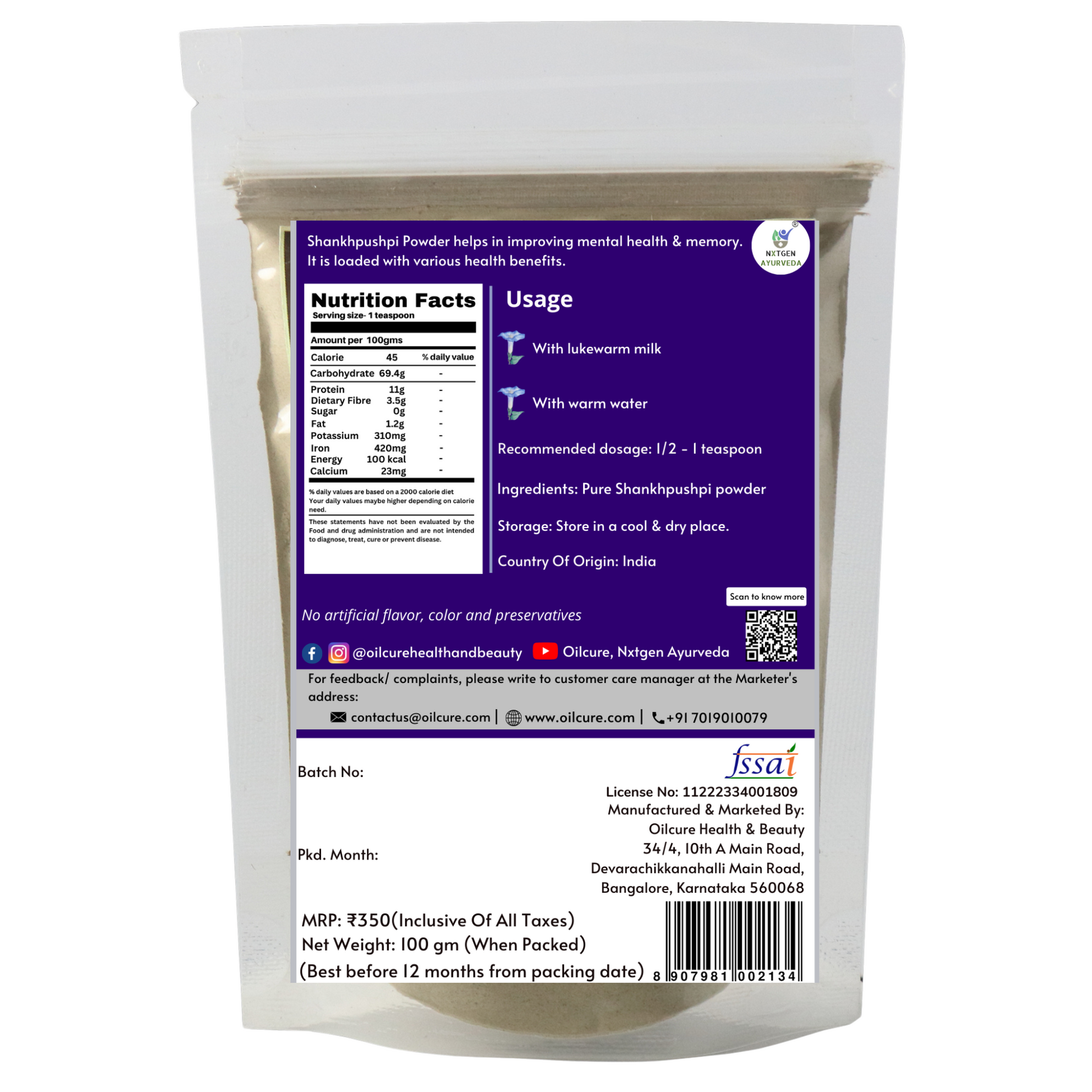 Convolvulus pluricaulis Shankhpushpi powder for memory and cognitive support