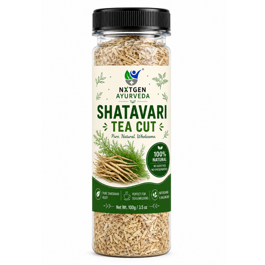 Premium Shatavari Tea Cut in a transparent stand-up pouch with naturally dried Shatavari root pieces for herbal tea and traditional wellness.