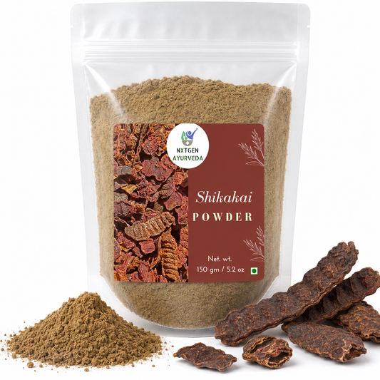 Premium Shikakai Powder in a transparent stand-up pouch with finely ground dried Shikakai for natural hair care and traditional cleansing