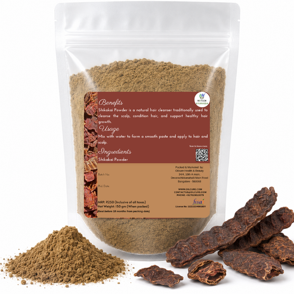 Premium Shikakai Powder in a transparent stand-up pouch with finely ground dried Shikakai for natural hair care and traditional cleansing