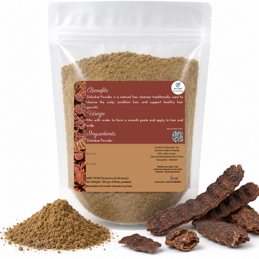 Premium Shikakai Powder in a transparent stand-up pouch with finely ground dried Shikakai for natural hair care and traditional cleansing