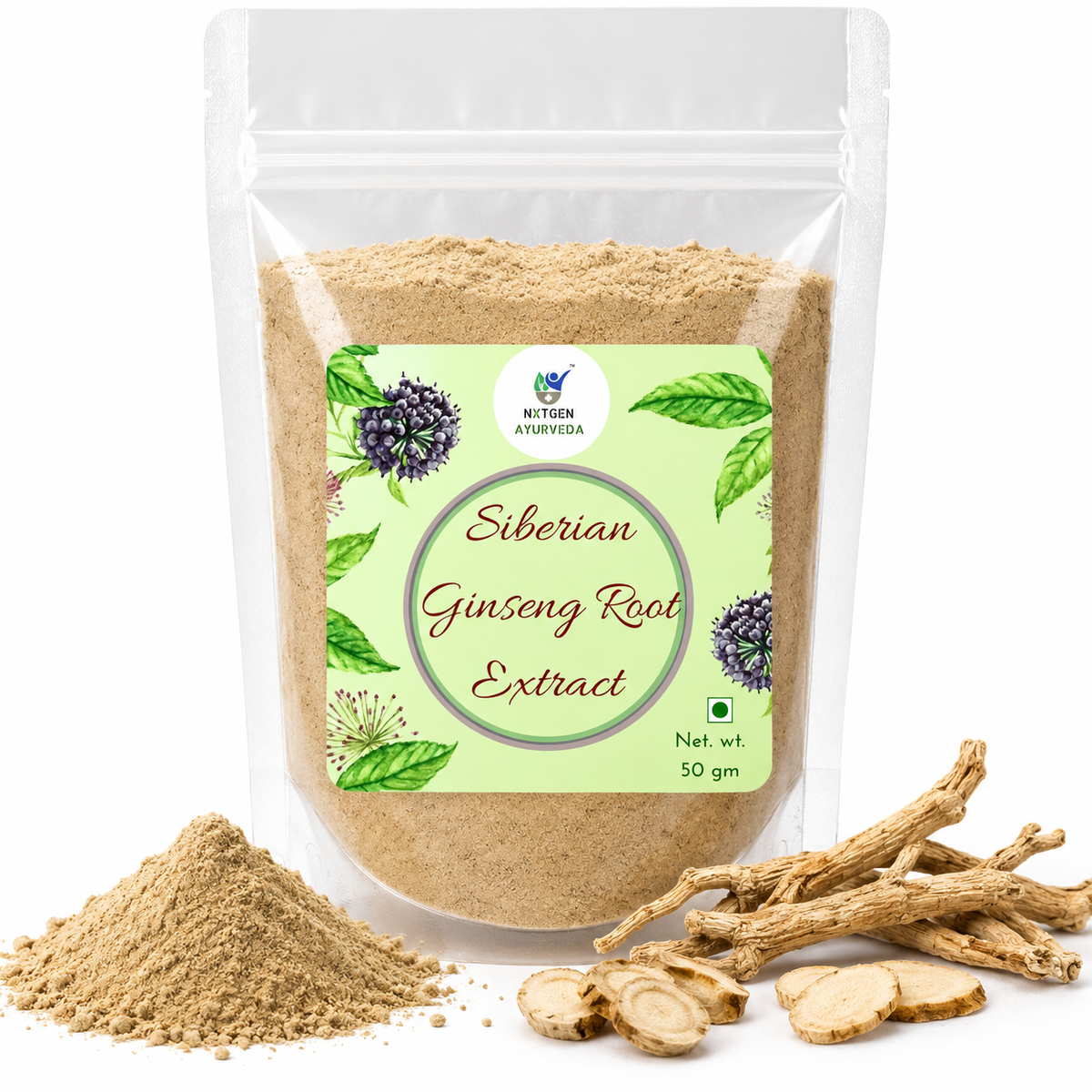 Premium Siberian Ginseng Root Extract in a transparent stand-up pouch with concentrated Eleutherococcus senticosus root extract for herbal wellness.