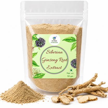 Premium Siberian Ginseng Root Extract in a transparent stand-up pouch with concentrated Eleutherococcus senticosus root extract for herbal wellness.