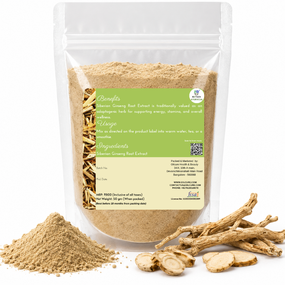 Premium Siberian Ginseng Root Extract in a transparent stand-up pouch with concentrated Eleutherococcus senticosus root extract for herbal wellness.