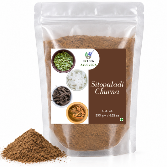 Premium Sitopaladi Churna in a transparent stand-up pouch with finely ground traditional herbal ingredients for Ayurvedic wellness use.