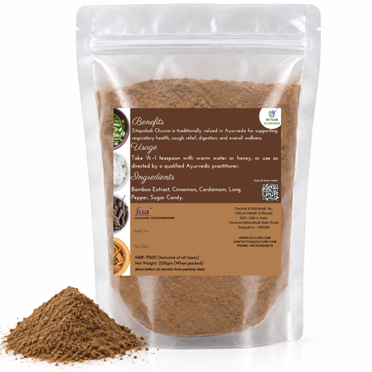 Premium Sitopaladi Churna in a transparent stand-up pouch with finely ground traditional herbal ingredients for Ayurvedic wellness use.