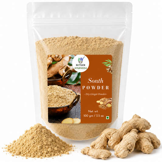 Premium Sonth (Dry Ginger) Powder 100 gms in a transparent stand-up pouch with finely ground dried ginger for cooking, seasoning, and herbal use.