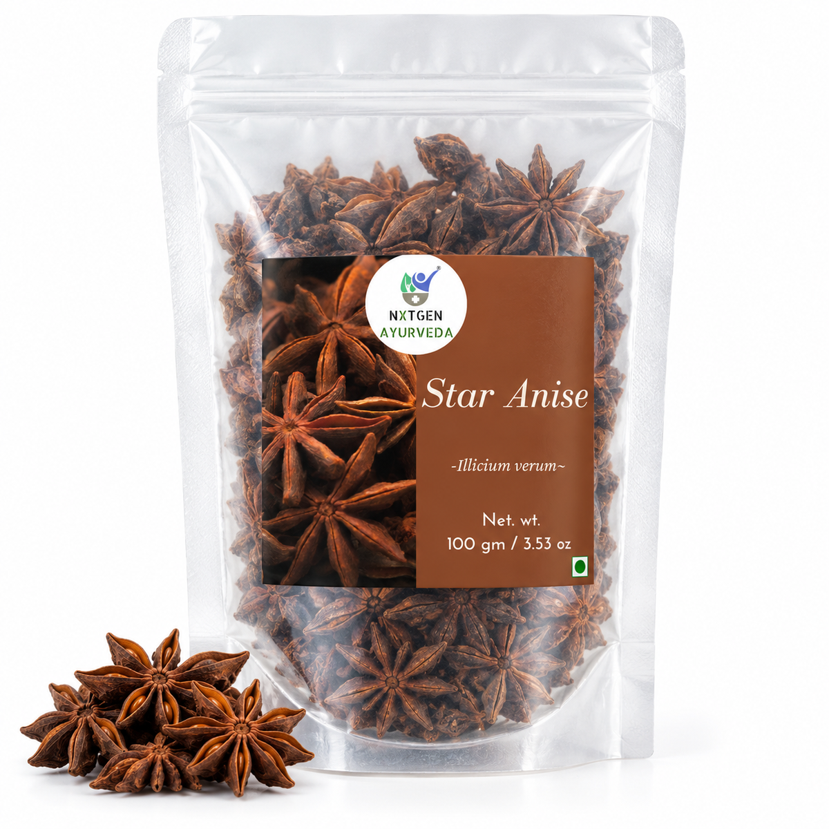 Premium Star Anise in a transparent stand-up pouch with whole aromatic star-shaped spices for cooking, seasoning, and traditional culinary use.
