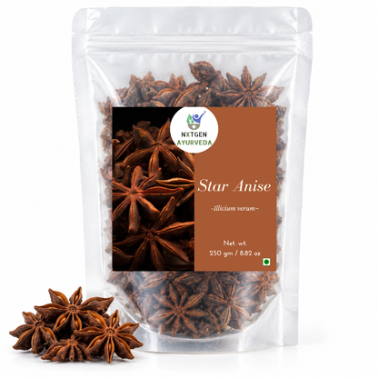 Premium Star Anise in a transparent stand-up pouch with whole aromatic star-shaped spices for cooking, seasoning, and traditional culinary use.