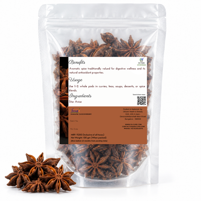 Premium Star Anise in a transparent stand-up pouch with whole aromatic star-shaped spices for cooking, seasoning, and traditional culinary use.