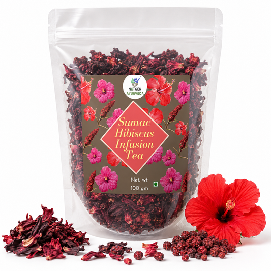 Premium Sumac-Hibiscus Infusion Tea in a transparent stand-up pouch with dried sumac and hibiscus for a refreshing herbal tea blend.
