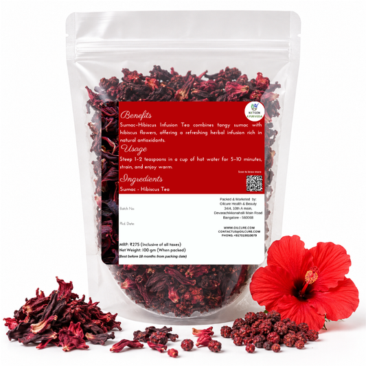 Premium Sumac-Hibiscus Infusion Tea in a transparent stand-up pouch with dried sumac and hibiscus for a refreshing herbal tea blend.