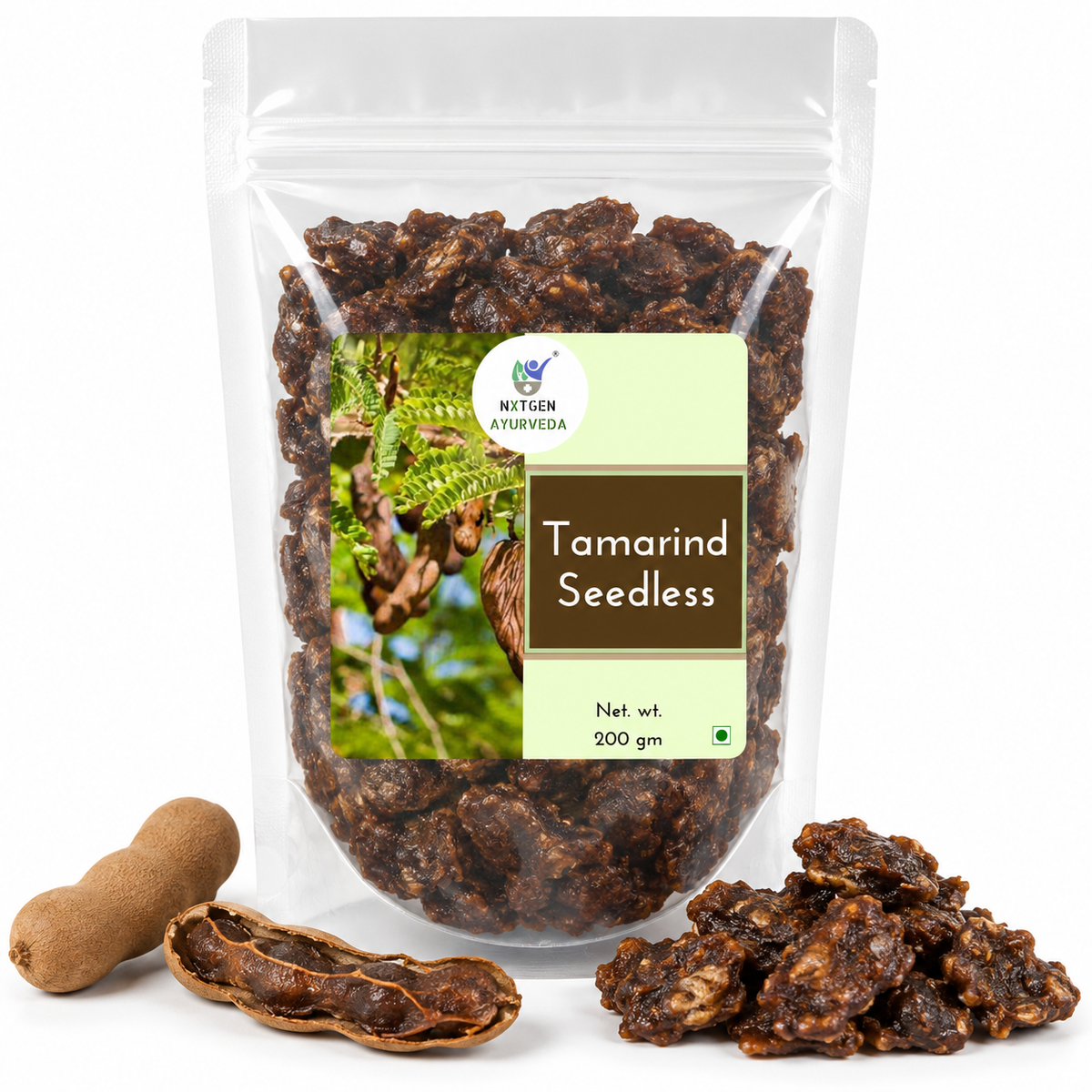 Premium Seedless Tamarind in a transparent stand-up pouch with naturally dried tamarind pulp for cooking, chutneys, curries, and traditional recipes.