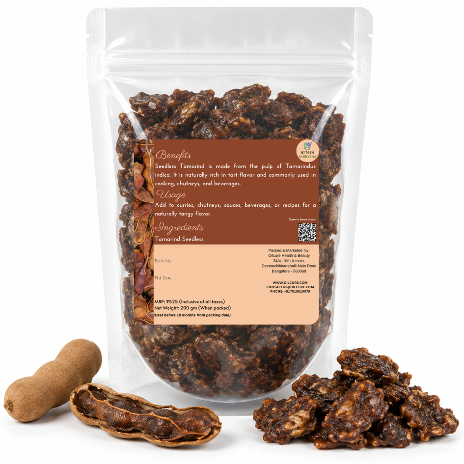 Premium Seedless Tamarind in a transparent stand-up pouch with naturally dried tamarind pulp for cooking, chutneys, curries, and traditional recipes.
