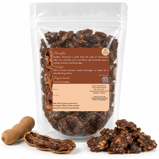 Premium Seedless Tamarind in a transparent stand-up pouch with naturally dried tamarind pulp for cooking, chutneys, curries, and traditional recipes.