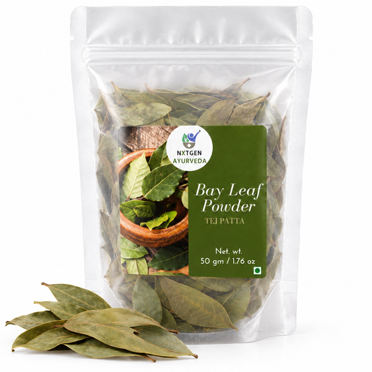 Premium Tej Patta (Bay Leaf) 50 gms in a transparent stand-up pouch with whole dried bay leaves for cooking, seasoning, and authentic Indian recipes.
