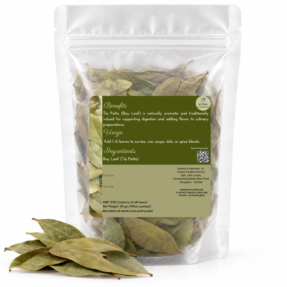 Premium Tej Patta (Bay Leaf) 50 gms in a transparent stand-up pouch with whole dried bay leaves for cooking, seasoning, and authentic Indian recipes.