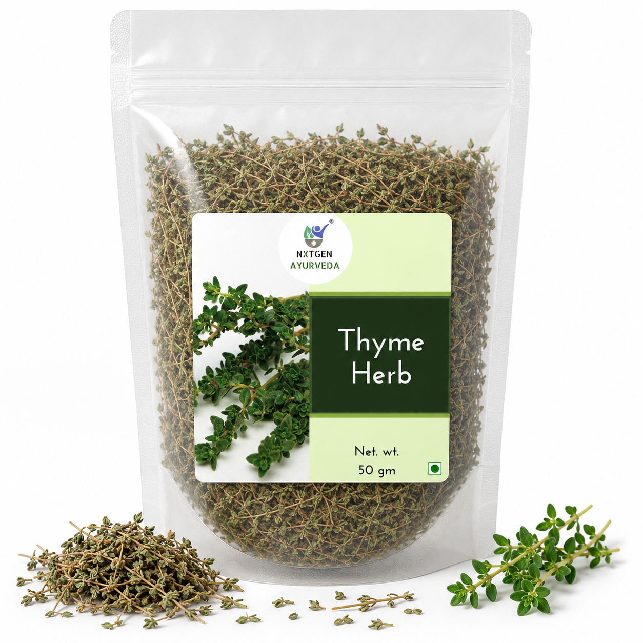 Premium Thyme Herb in a transparent stand-up pouch with aromatic dried thyme leaves for cooking, seasoning, sauces, soups, and herbal infusions.
