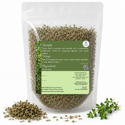 Premium Thyme Herb in a transparent stand-up pouch with aromatic dried thyme leaves for cooking, seasoning, sauces, soups, and herbal infusions.