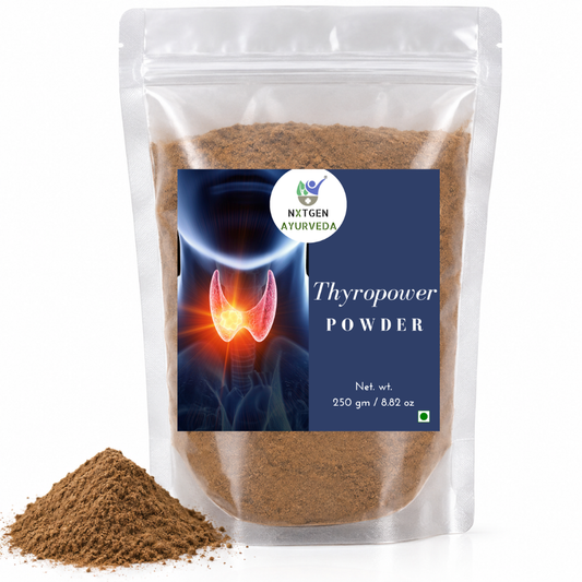 Premium Thyropower herbal blend in a transparent stand-up pouch with a finely ground herbal powder for traditional Ayurvedic wellness use.