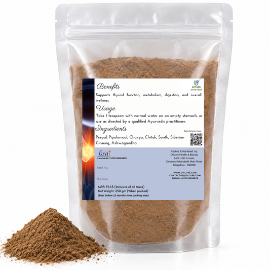 Premium Thyropower herbal blend in a transparent stand-up pouch with a finely ground herbal powder for traditional Ayurvedic wellness use.