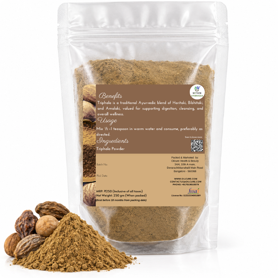 Premium Triphala Powder in a transparent stand-up pouch with a finely ground blend of Amalaki, Haritaki, and Bibhitaki for traditional Ayurvedic wellness.