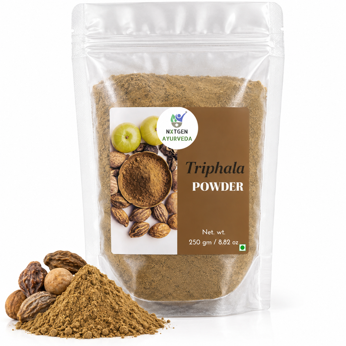 Premium Triphala Powder in a transparent stand-up pouch with a finely ground blend of Amalaki, Haritaki, and Bibhitaki for traditional Ayurvedic wellness.