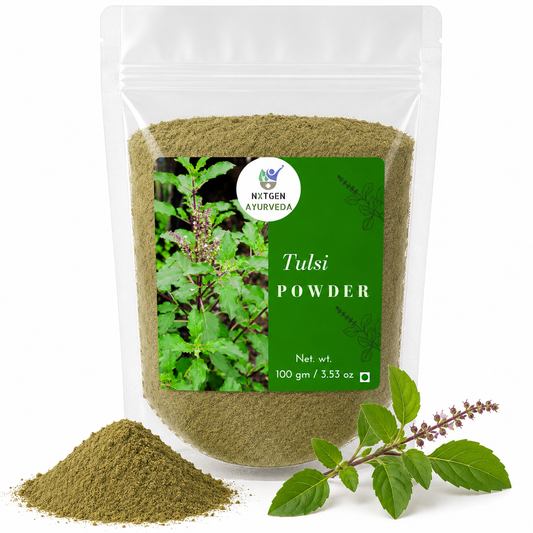 Premium Tulsi Powder (Holy Basil) 100 gms in a transparent stand-up pouch with finely ground dried tulsi leaves for traditional Ayurvedic wellness and herbal use.