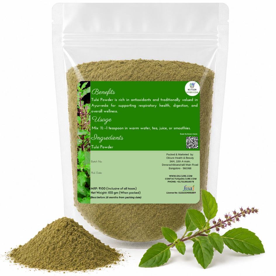Premium Tulsi Powder (Holy Basil) 100 gms in a transparent stand-up pouch with finely ground dried tulsi leaves for traditional Ayurvedic wellness and herbal use.