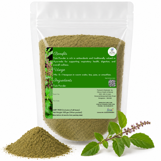 Premium Tulsi Powder (Holy Basil) 100 gms in a transparent stand-up pouch with finely ground dried tulsi leaves for traditional Ayurvedic wellness and herbal use.