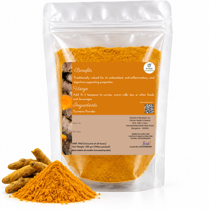 Premium Turmeric Powder in a transparent stand-up pouch with finely ground turmeric for cooking, seasoning, and traditional wellness use.