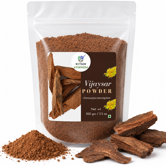 Premium Vijaysar Powder in a transparent stand-up pouch with finely ground Pterocarpus marsupium bark powder for traditional Ayurvedic herbal use.