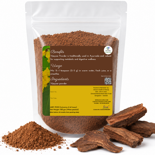Premium Vijaysar Powder in a transparent stand-up pouch with finely ground Pterocarpus marsupium bark powder for traditional Ayurvedic herbal use.