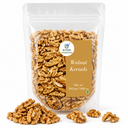 Premium Walnut Kernels (Akhrot) 250 gms in a transparent stand-up pouch with natural walnut halves for healthy snacking, baking, and cooking.