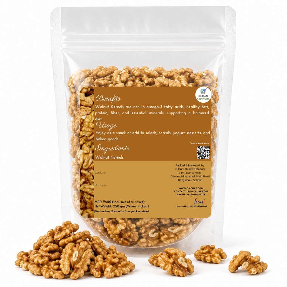 Premium Walnut Kernels (Akhrot) 250 gms in a transparent stand-up pouch with natural walnut halves for healthy snacking, baking, and cooking.