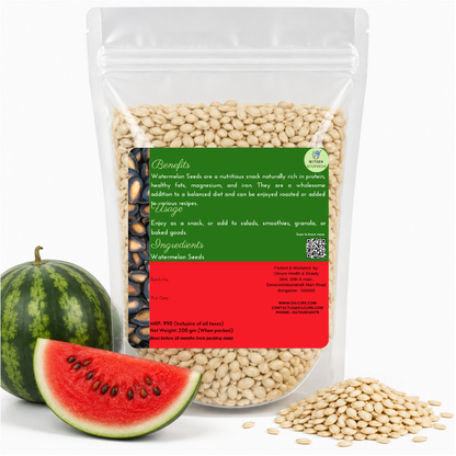 Premium Black Watermelon Seeds in a transparent stand-up pouch with whole edible seeds for healthy snacking, roasting, and cooking.