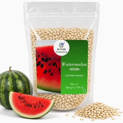 Premium Black Watermelon Seeds in a transparent stand-up pouch with whole edible seeds for healthy snacking, roasting, and cooking.