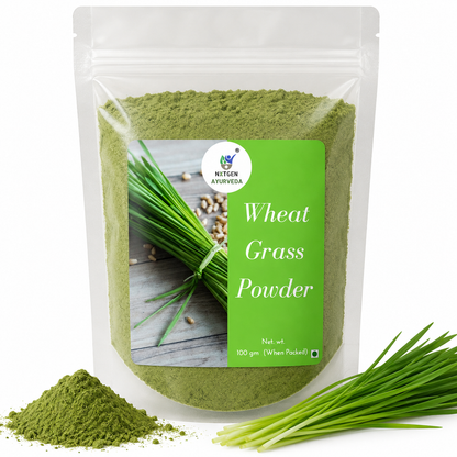 Premium Wheat Grass Powder in a transparent stand-up pouch with finely ground wheatgrass for smoothies, juices, nutrition, and everyday wellness.