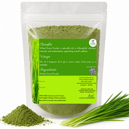 Premium Wheat Grass Powder in a transparent stand-up pouch with finely ground wheatgrass for smoothies, juices, nutrition, and everyday wellness.